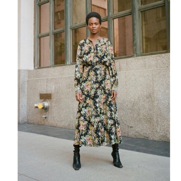 10 Crosby Derek Lam Black Floral Print Layered Long Dress - Picture 1 of 14